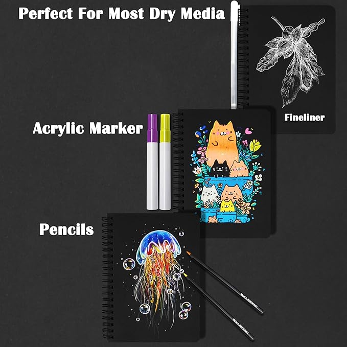 5" x 7" Premium Black Paper Mixed Media Sketchbook,Small Travel Spiral Bound Black Journal Notebook,70 Sheets 110gsm Acid-Free Drawing Paper,Art Supplies for Adults Beginners Artists.Black