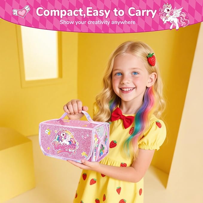 70 PCS Unicorn Arts and Crafts for Girls Ages 4-6-8, Art Supplies Set with 3D Rainbow Glitter Pencil Case, Washable Dual Markers, Scented Gel Pens, Twist-up Crayons & Unicorn Stickers, Birthday Gift