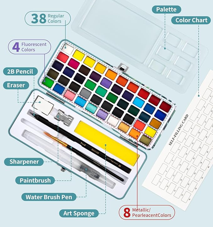 Watercolor Workbook Birds, Water Coloring Book, 12 Different Patterns of Original DIY Designs, 50 Colors Watercolor Paint Set with Palette and Brush, Beginner-Friendly Watercolor Workbooks (Birds)