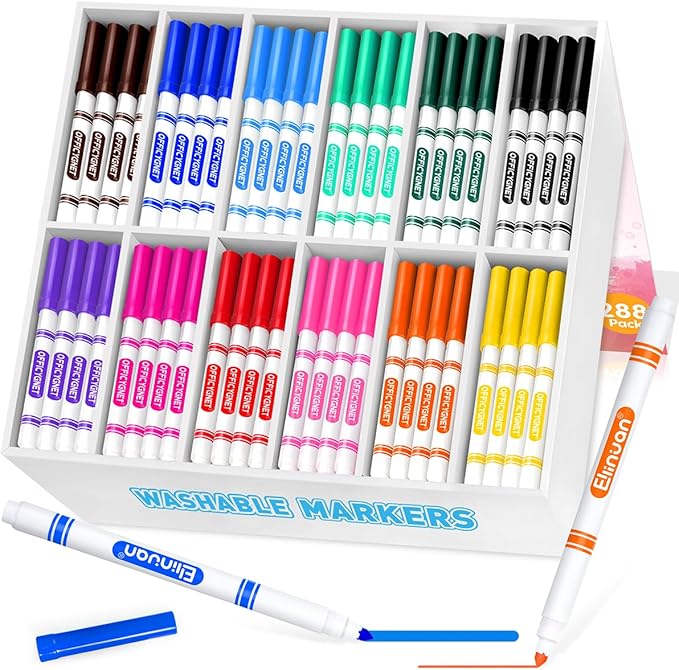 Ellinjan 288 Count Washable Markers Bulk, 12 Assorted Colors, Fine Line Colored Marker with Conical Tip, Washable Markers for Kids, Bulk Marker for Classroom, School Art Supplies for Students Teachers
