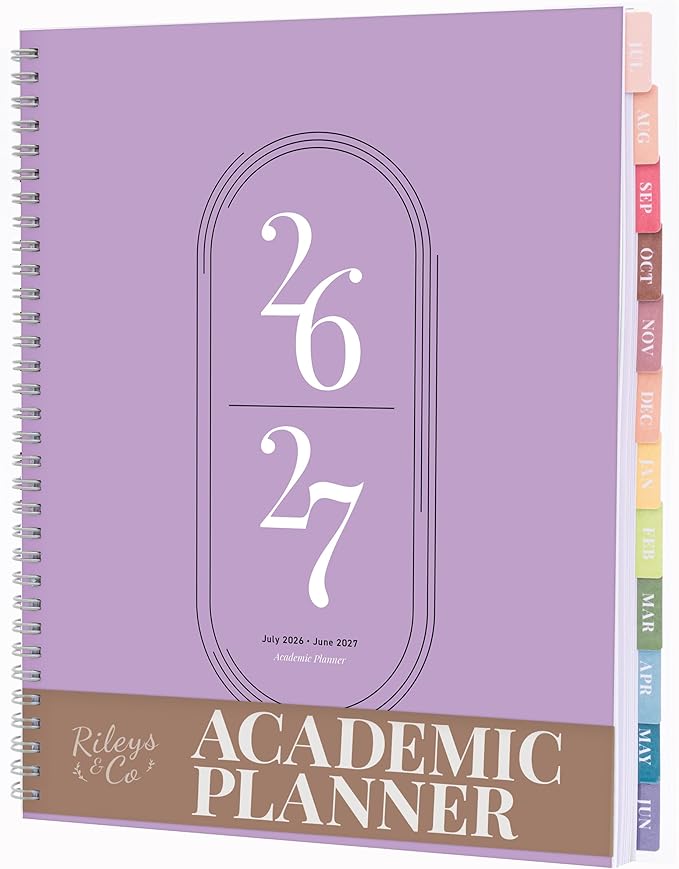 Rileys Academic Planner 2026-2027, Daily, Weekly & Monthly Planner, July 2026 - June 2027, Student Notes Pages, Twin-Wire Binding, Weekly Agenda for School & Work (8.5 x 11-Inches, Lilac)