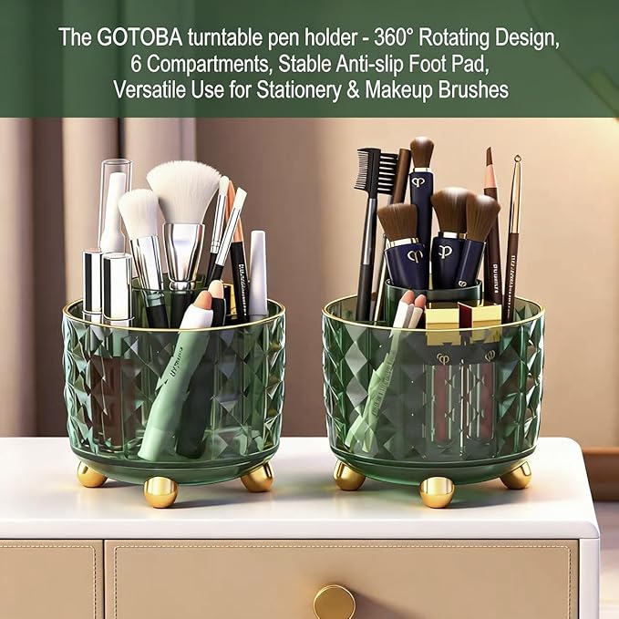 GOTOBA Dark Green Pen Pencil Holder for Desk, 360° Rotating Pen Organizer, Green Office Supplies, Cute Pen Holder, 6-Compartment Pencil Holder Rotating