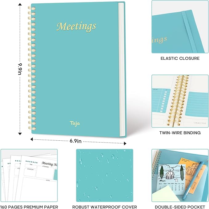 Meeting Notebook for Work Organization - Work Planner Notebook with Action Items, Agenda Planner for Note Taking, 160 Pages (6.9" X 9.9") Project Organizer for Men & Women - Blue