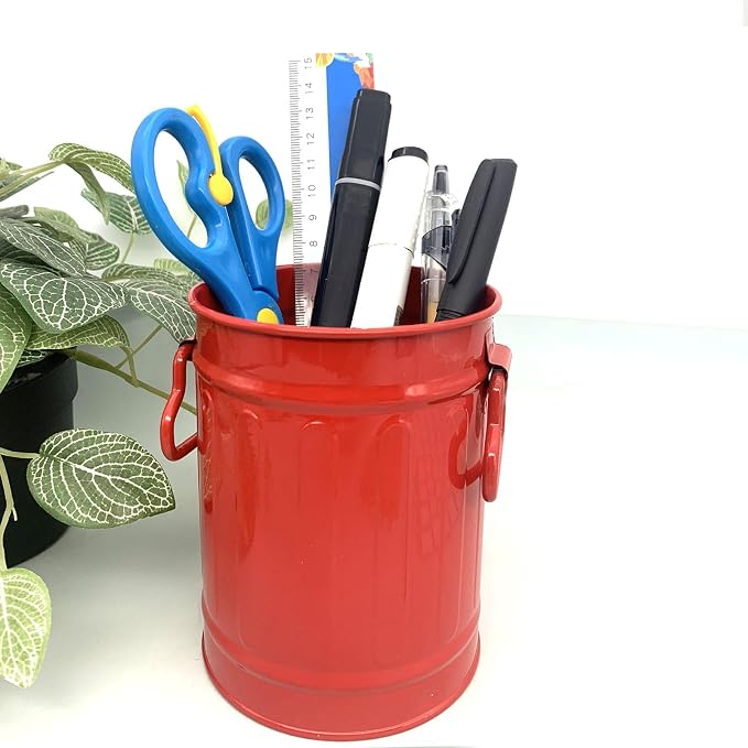 Desk Pen Holder, Metal Pencil Holder for Desk, Desk Organizer with Handle, Makeup Brush Holders, Pencil Cup, Desktop Storage Organizer for Office, School, Home (Red)