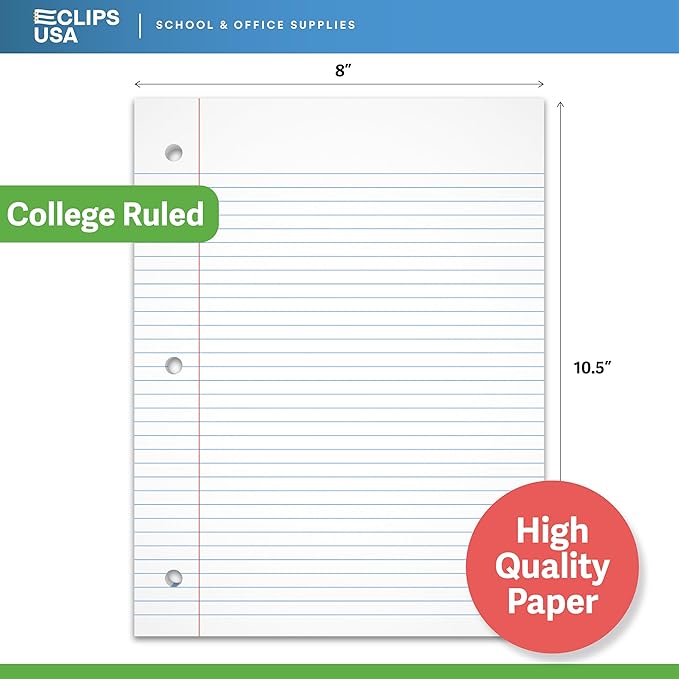 Loose Leaf Paper College Ruled Notebook Paper College Ruled Lined Writing Filler Paper 10.5” x 8” 1200 Sheets 200 Sheets Per Pack 60 gsm (6 Pack)