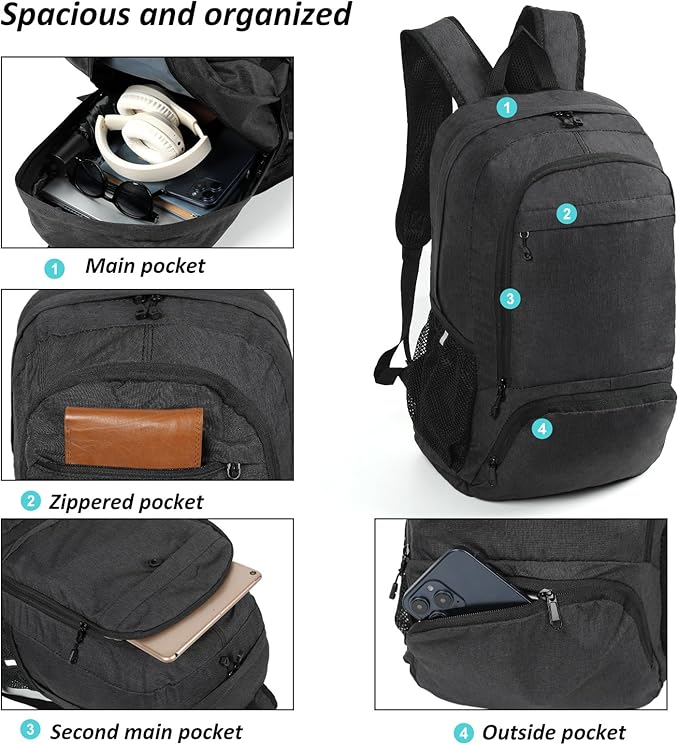 TANTOMI Ultra Lightweight Packable Backpack 25L - Foldable Hiking Daypack for Travel, Small Rucksack for Men Women Outdoor - Black