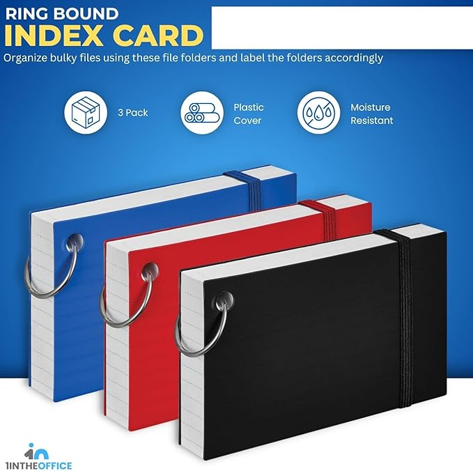 1InTheOffice Index Cards with Ring 3x5, Flash Cards with Binder Ring, Single Hole Punched Notecards, White, 100 Cards