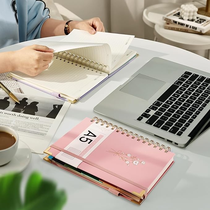 Hardcover Spiral Notebooks 6.1" X 8.4" Note Taking 5 Subject Notebook College Ruled with Dividers 240 Pages 100GSM Aesthetic Spiral Notebook for Work School Cute Journals for Women Writing, Pink