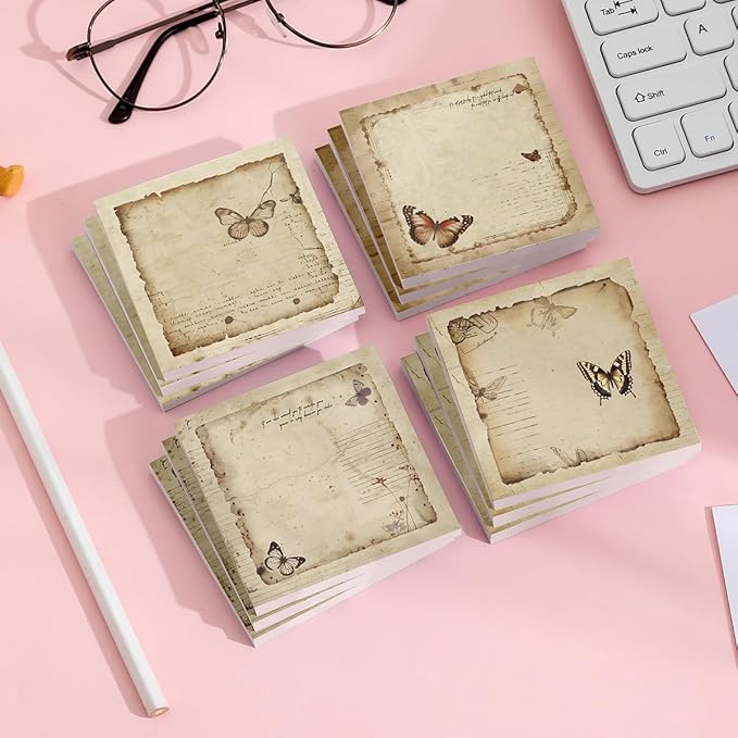Retro Butterfly 4 Pack/200 Sheets 3x3 inch Sticky Notes Set, Vintage Memo Pads with High-Adhesive, Reusable Tearable Post it Notes for Journal Planners Office School Home, Bulk Stationery Gift