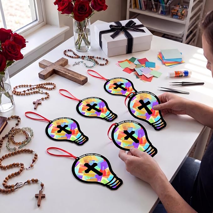 Renbuzhu 48PCS Sunday School VBS Crafts Bulk: Paper Lightbulb Cross Nativity Suncatchers, Jesus Religious Christian Activity DIY Kits Church Decorations, Window Stained Glass Effect Art Supplies