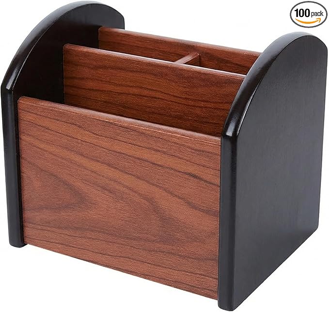 Wooden Desk Organizer with 4 Compartments, Remote Control Holder, Office Storage Caddy, 360-degree rotation Black and Brown Desk Organizer for Office Supplies