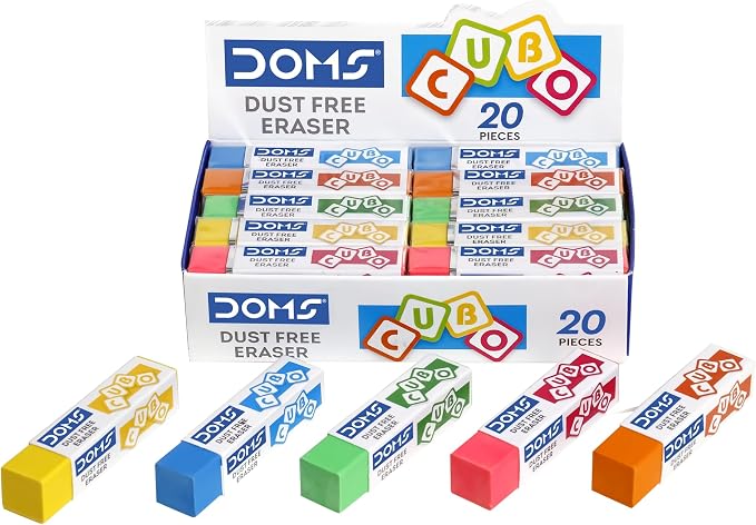 Doms Dust Free Cubo Eraser Box Pack | Comfortable Edge for Easy Handling | Non-Toxic & Safe for Kids | Attractive Body Colors | Pack of 20 Pcs