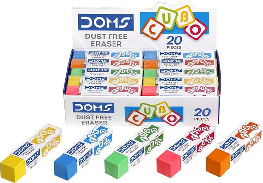 Doms Dust Free Cubo Eraser Box Pack | Comfortable Edge for Easy Handling | Non-Toxic & Safe for Kids | Attractive Body Colors | Pack of 20 Pcs