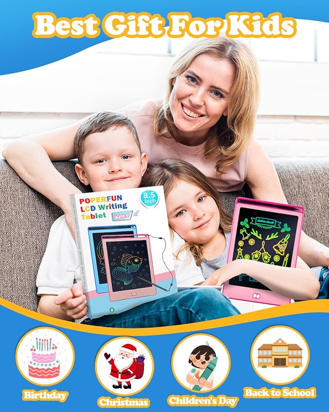 POPERFUN 4 Pack LCD Writing Tablet for Kids, 8.5 Inch Colorful Toddler Doodle Board Gifts for Toddlers 3 4 5 6 7 8 Year Old Girls Boys, Drawing Tablet for Erasable Reusable Electronic, Paint Toys