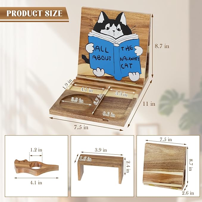 Wooden Foldable Book Holder Stand for Reading Rest,Acacia Triangle Book Holer with Cup,Glasses,Pen,Watch & Phone Stand,Book Rest,Book Nook Reading Valet for Readers and Bookworms Gifts