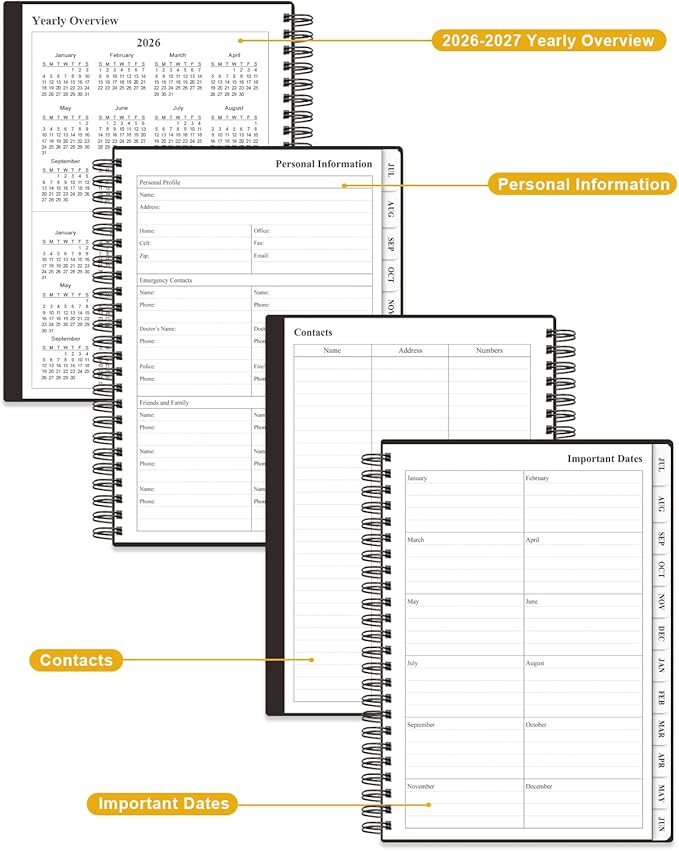 Planner 2026-2027 - Academic Planner from July 2026 to June 2027, Weekly & Monthly Planners Spiral Bound with 12-Month Tabs, Inner Pocket, 6.25" x 8.5", Black