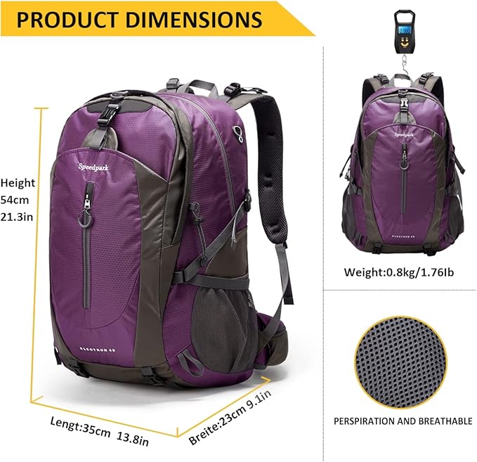 SPEEDPARK 40L Hiking Backpack, Lightweight Camping Daypack with Rain Cover | Water-Resistant Rip-Stop Nylon, Multi-Pockets, Survival Whistle. Ideal For Men, Women, Travel, Trekking