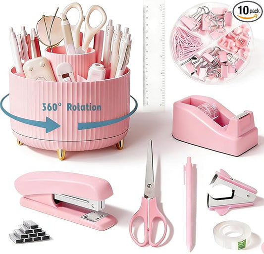 Gawsey Desk Organizers and Accessories Set with 360-Degree Rotating Pen Holder, Tape Dispenser, Stapler, Staple Remover, 1000 Staples, Tape, Clips Set, Ruler, Scissor, Pen (Pink-A)