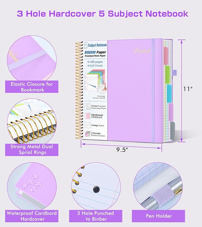 5 Subject Notebook College Ruled,80GSM Paper Thick Hardcover Spiral Notebook Lined Journal with Removable Dividers Tabs,400pages 8.5"x11" Paper Large Notebooks for School Work,3-Hole Punched, Purple