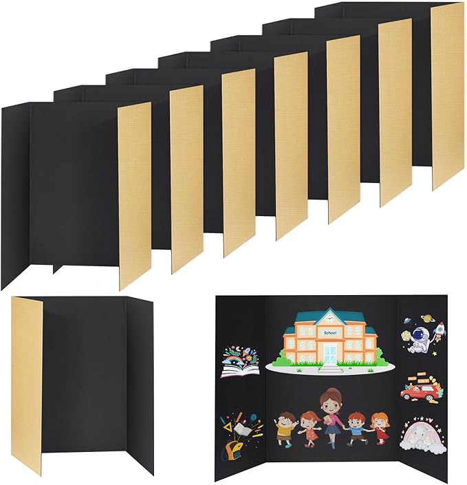 8 PCS Trifold Poster Board - 16" x 23" Small Tri Fold Display Board Hard & Thick Black Presentation Cardboard for Science Fair, School Projects, Business Supply