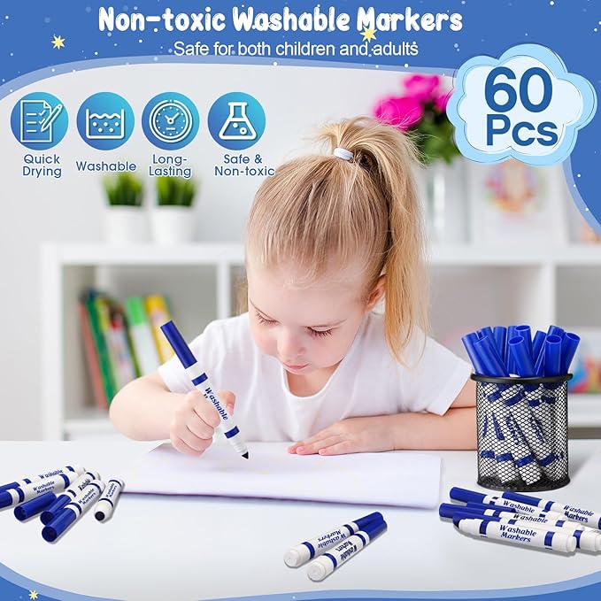 60 Pcs Blue Washable Markers Bulk Coloring Broad Line Markers for Kids Conical Tip Blue drawing pens for Classroom Back to School travel Art baby shower gender reveal Supplies, Ages 6+