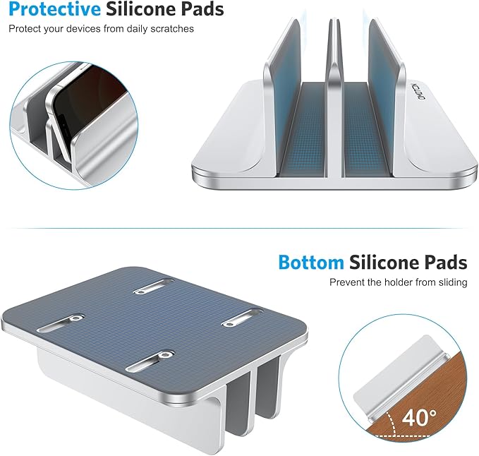 OMOTON Vertical Laptop Stand [Updated Double Version], Desktop Aluminum Mac Book Stand with Adjustable Dock Size, Fits All Mac Book, Surface, Chrome Book and Gaming Laptops (Up to 17.3 inch) (Silver)