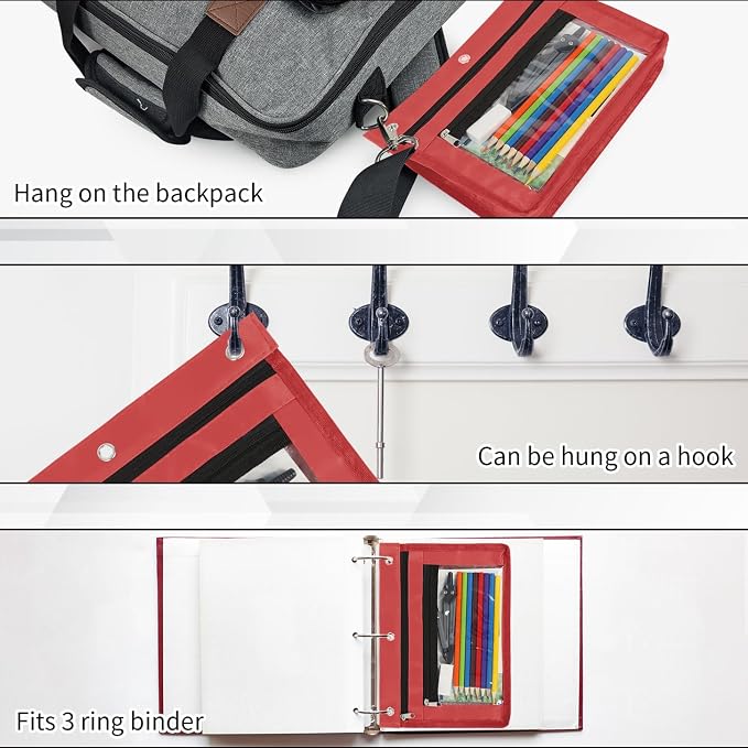 YoeeJob 2 Pack Expandable Pencil Pouches for 3 Ring Binders, Red | 1-inch expansion, 2 clear PVC pockets, 3 holes, large-capacity storage for school and office supplies.