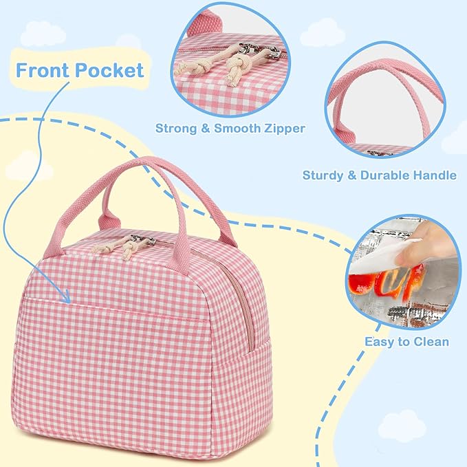 CAMTOP Lunch Box Kids Insulated Lunch Bag Large Reusable Leakproof Cooler Lunch Bags for Boys Girls School Travel Picnic (Pink and White Checkered)