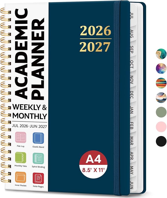 8.5" x 11" Academic Planner 2026-2027, Weekly & Monthly Calendar Planner Book, July 2026 – June 2027, Large Hardcover Organizer with Tabs, Perfect for Teachers, Students, Women & Men – A4, Navy