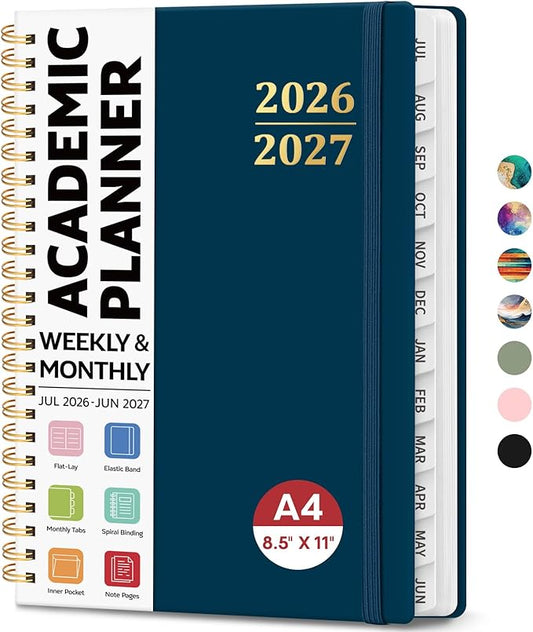 8.5" x 11" Academic Planner 2026-2027, Weekly & Monthly Calendar Planner Book, July 2026 – June 2027, Large Hardcover Organizer with Tabs, Perfect for Teachers, Students, Women & Men – A4, Navy