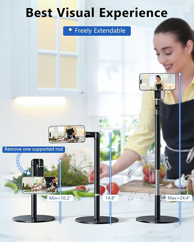 Angle Height Adjustable Magnetic Phone Stand for Desk [10"-25"] - Retractable Cell Phone Holder for Video Recording Cooking Excising Working -Aluminum iPhone 17 16 15 14 Pro Max Air Stand