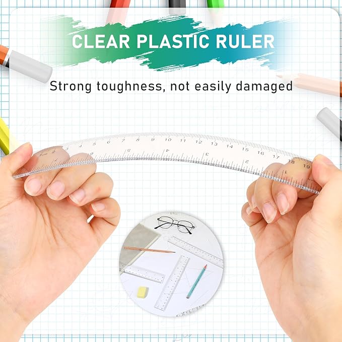 3 Pack 8 Inch Ruler Set Plastic Straight Ruler Transparent Measuring Tool Acrylic Clear Ruler for School Office Student(Transparent)