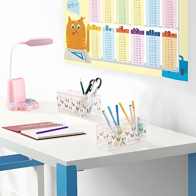 Aslsiy Butterfly (59) Pen Holder for Kids 4 Compartments Acrylic Pencil Holder Clear Makeup Brush Holder Desk Organizer Office Supplies