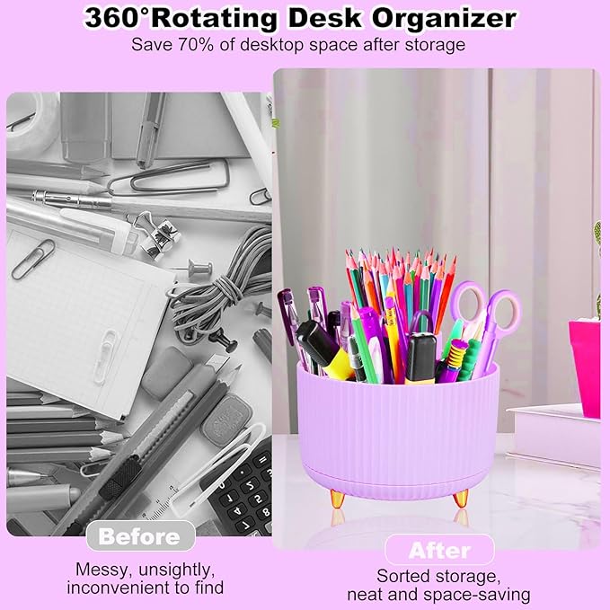 Gawsey Desk Organizers and Accessories Set with 360-Degree Rotating Pen Holder, Tape Dispenser, Stapler, Staple Remover, 1000 Staples, Tape, Clips Set, Ruler, Scissor, Pen (Purple)