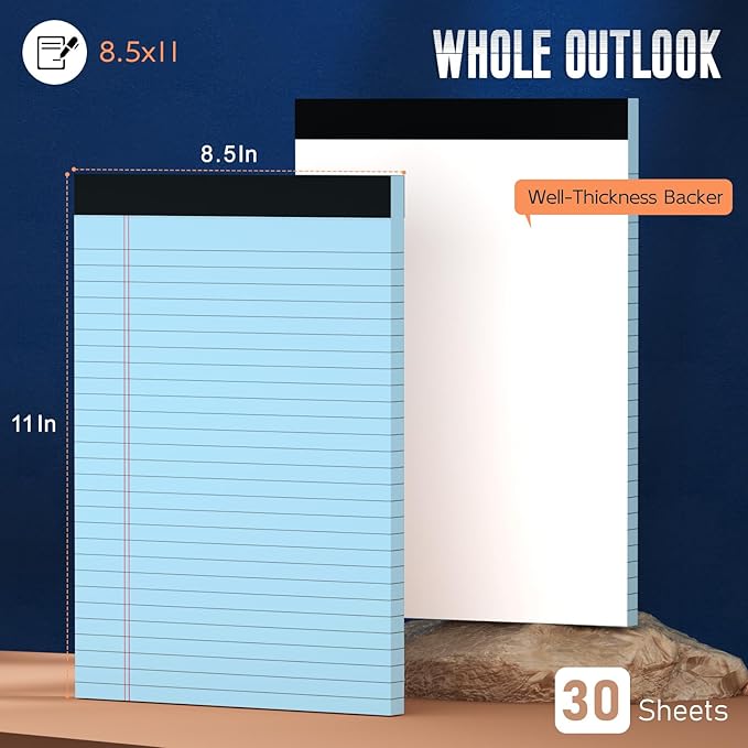3 Pack Blue Legal Pads 8.5 x 11 Note Pads, Wide Ruled Notepads 8.5 x 11 Lined Paper Wide Ruled Writing Pads, 30 Sheets Per Note Pad, Micro Perforated Colored Legal Pads for Work/School/Office