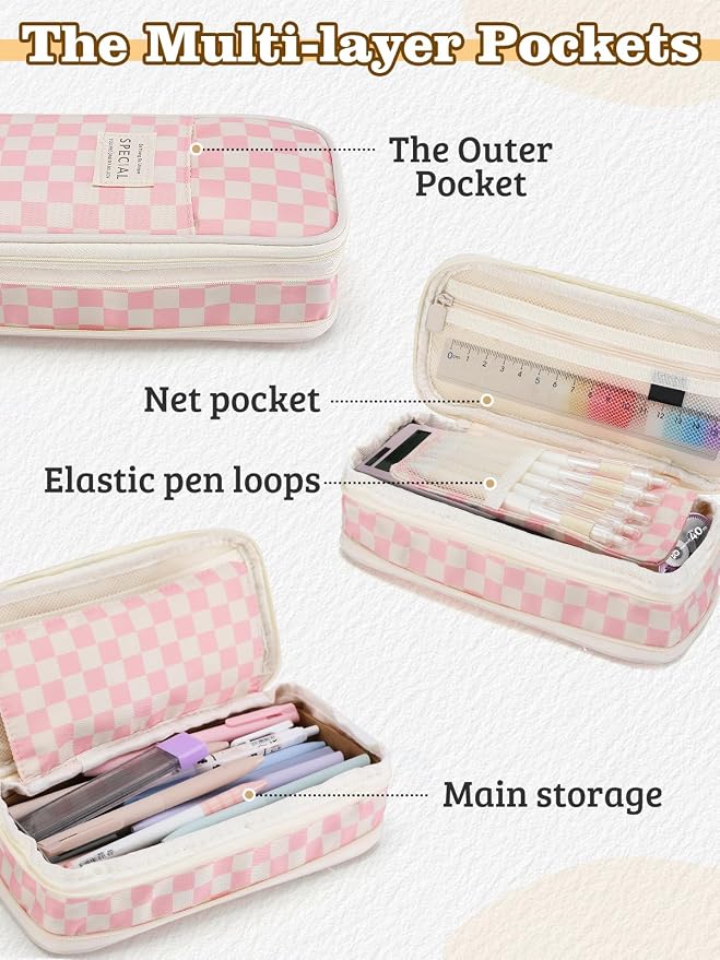 Bigmeta Gingham Expandable Pencil Case for Teens Girls - Pink | Zipper Gusset for Adjustable Capacity, Checkered Cute Pencil Pouch, Stationery Bag Box for Student Back to School Gifts