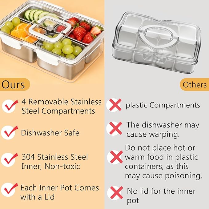 Snackle Box Container, Stainless Steel Snack Tray with Lid and Handle, 4-Compartment Divided Serving Tray for Fruit Veggie Candy, Large Snack Platter for Travel Party Beach Picnic