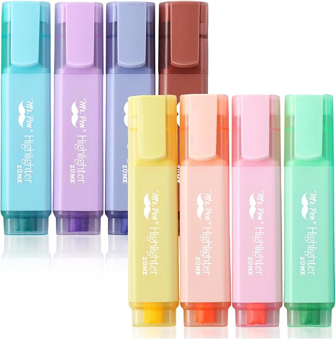 Mr. Pen- Pastel Highlighters, 8 Pack, Highlighters with Firm Chisel Tip, Quick Dry & Non-Toxic, No Bleed on Standard Paper, Ideal for Highlighting, Underlining, Journaling & Coloring