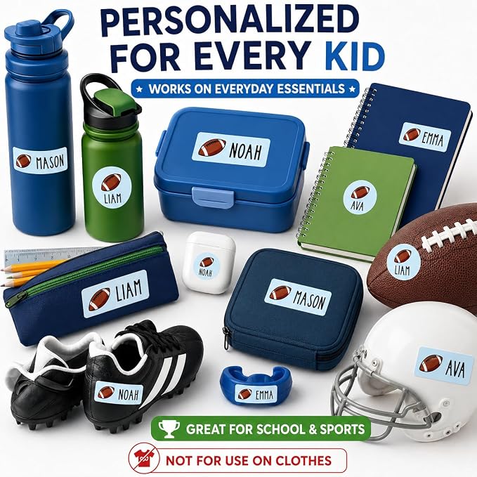 Andaz Press Custom Personalized Waterproof School Name Labels, Football, 120-Pack, Kids Labels Combo Pack, Customizable Multi-Use Name Stickers for Preschool, Daycare, Supplies, Office, Water Bottle