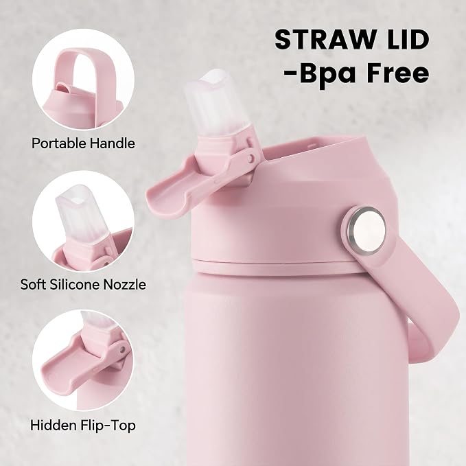 Fijinhom 18oz Insulated Stainless Steel Water Bottle, Wide Mouth Double Wall Vacuum, Silicone Straw, Sweat & Leak Proof, BPA Free Insulated Water Flask for Travel, Keep Cold 24h Hot 12h, Coral Pink