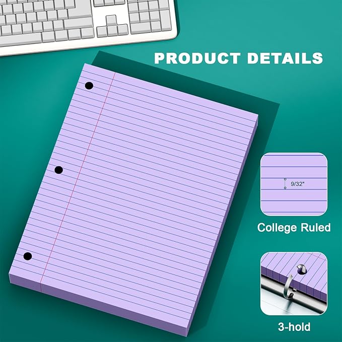 Purple Note Pads 8 X 10.5 Loose Leaf Paper, 120Sheets, 3 Hole Punched Lined Paper, College Ruled 8 X 10.5 Notebooks, 10-1/2" X 8 Binder Writing Pads, Filler Paper for Office, School Supplies