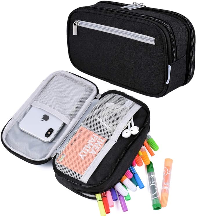 Large Capacity Pencil Case Big Storage Pencil Bag Pouch 3 Multifunctional Compartment Pen Marker Cases Holder Portable Office Stationery Organizer Supplies Makeup Bag, Black
