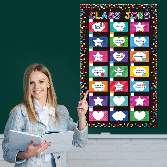 Class Jobs Pocket Chart Classroom Management and Teacher's Helper Bulletin Board Decoration Educational Schedule Board Pocket Chart with Name Tags for School Classroom Chalkboard Wall Decor
