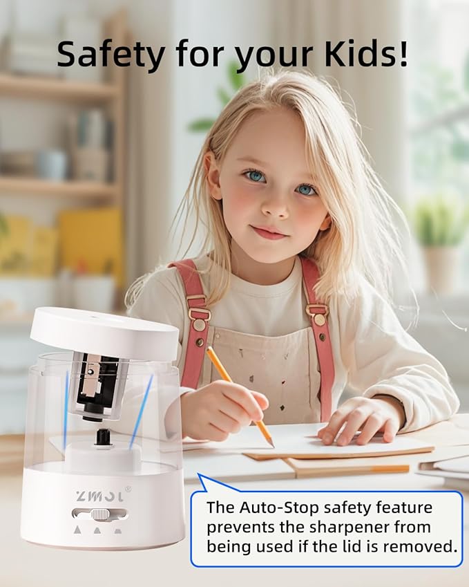 ZMOL Electric Pencil Sharpener - Battery/USB Powered, 3 Sharpening Modes, for No.2 & Colored Pencils, White