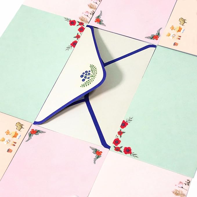 55 Pcs Stationery Paper Envelopes Set Includes 36 Lined Writing Stationery Paper & 18 Envelopes with 48 Round Dot Stickers, Cute Animal Letter Writing Stationary Paper Envelopes (6 Style)