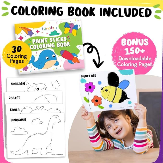 24 Thin Tempera Paint Sticks for Kids Washable (Coloring Book incl) | Non-Toxic Markers for Toddlers 1-3 | Works on Paper, Canvas, Wood, Cardboard - Painting Crayons, Art and Craft Supplies