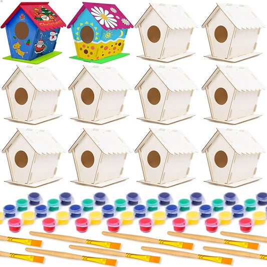 hapray 12 Pack Bird House Kit, DIY Birdhouse Kits, Wooden Crafts Arts for Children to Build and Paint (Includes Paints & Brushes) for Kids Girls Boys Toddlers Halloween Christmas Gift