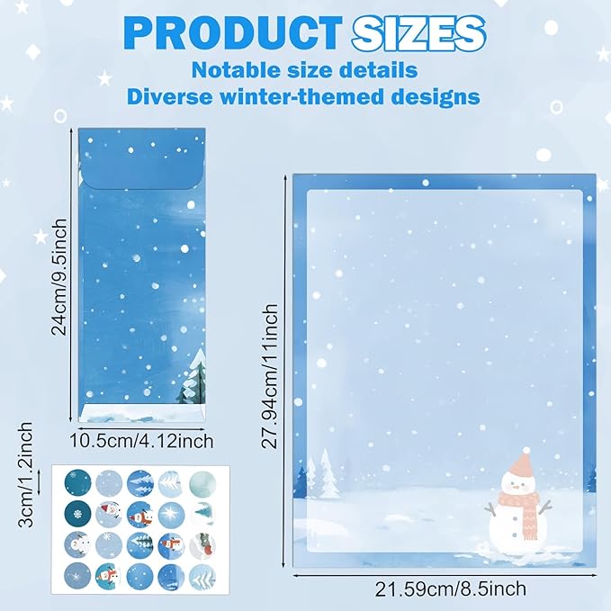 250Pcs Stationery Paper and Envelope Set with 100 Letterhead Papers and 50 Envelopes,10 Design for Letter Writing Invitations Computer Holidays Party Notes, 8.5x11 Inch-Snowman