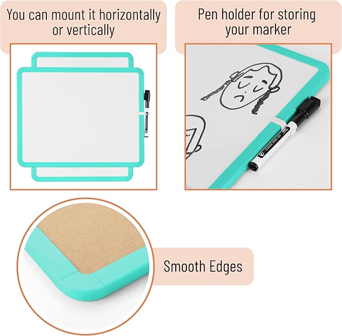 Mr. Pen- Dry Erase Board, 14” x 11” with a Black Dry Erase Marker, Aqua Blue Frame, Small Mini White Board for Students, Fridge, Wall, Locker, Includes Double Sided Tapes