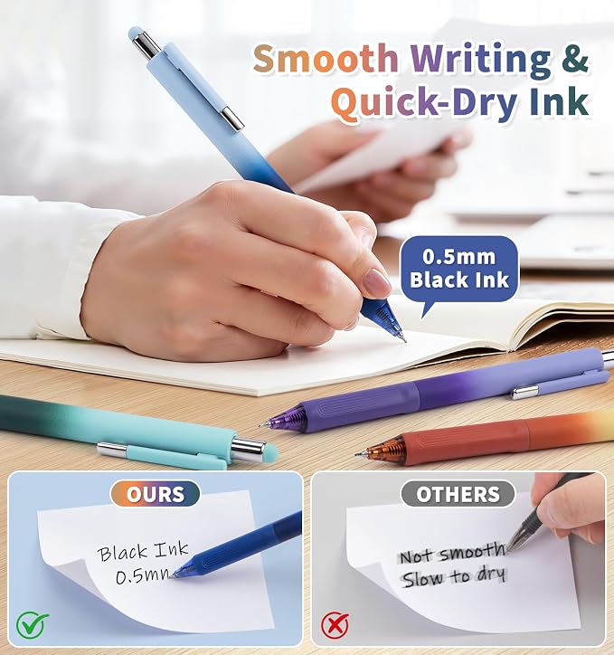 Gel Pens, 0.5mm Quick Dry Black Ink Pens Fine Point Smooth Writing Pens | 3-in-1 Stylus Retractable Gel Pen with Stylus tip, Cute Office School Supplies Gifts for Women Men (6 gel pens + 6 refills)
